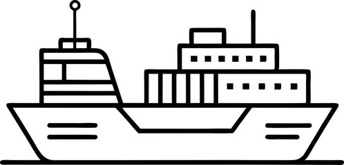 Minimalistic Line Art Illustration of Cargo Ship in Black and White Design Style