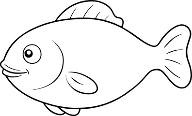 Black and White Illustration of a Cartoon Fish with Simple Lines and Smiling Expression