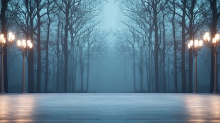 A mysterious path lined with bare trees and glowing street lamps disappears into the fog.