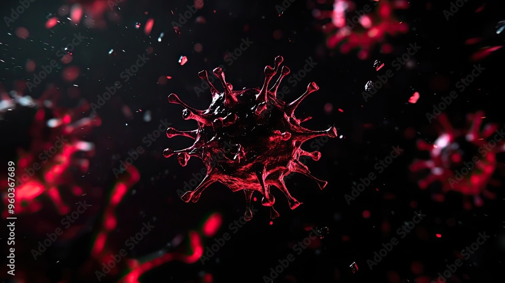 Poster a striking depiction of a virus, showcasing intricate details in a dark background with vibrant red 