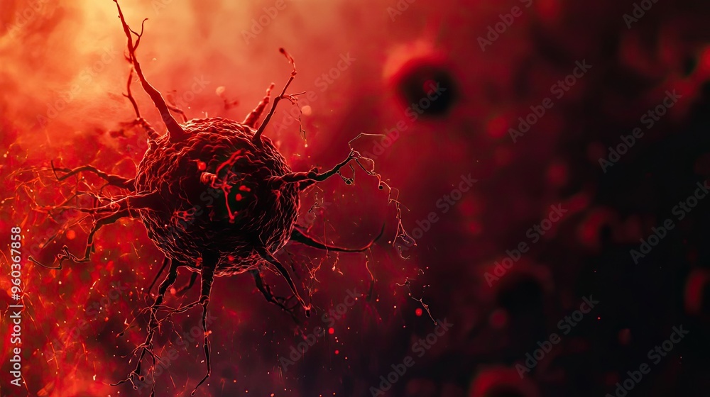 Poster Close-up view of a virus in a vivid red background, depicting the microscopic world of pathogens and their chaotic structure.
