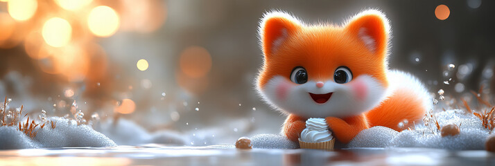 Fox Cub Savoring Cupcake on Frosty Ground with Glowing Bokeh Background Creating a Delightful and Dreamy Ambience