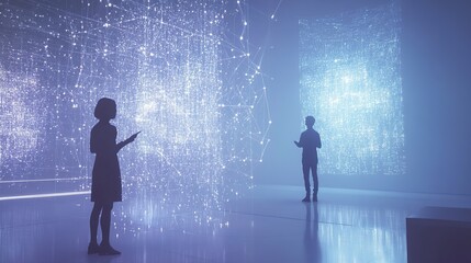 Exploring a futuristic digital art installation at night with glowing projections and visitors interacting with technology