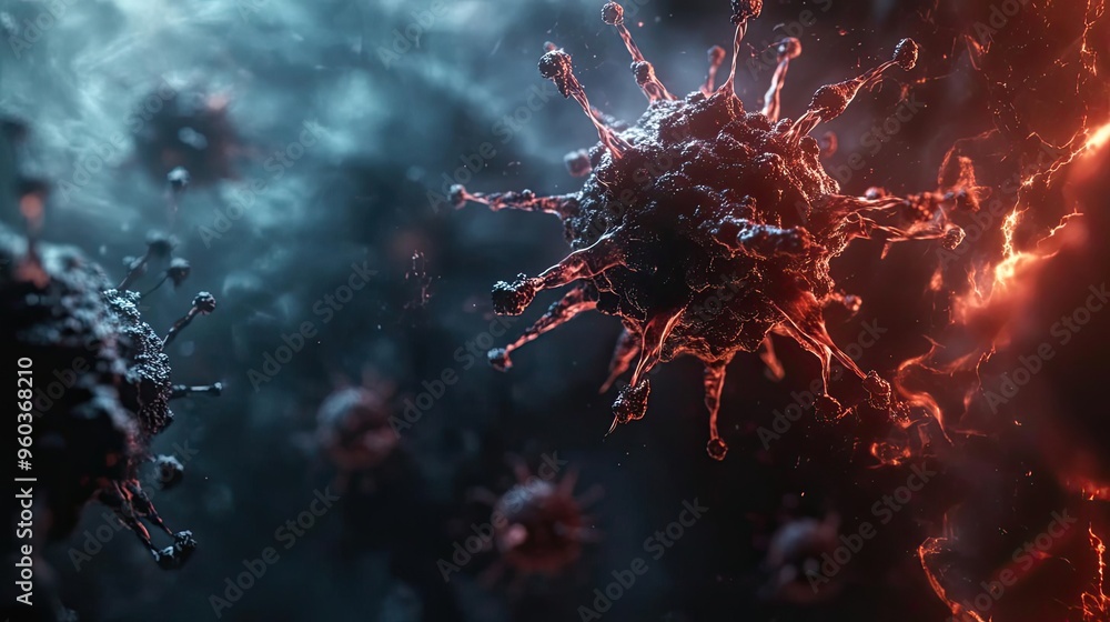 Poster close-up of a virus cell in a dark, abstract environment, showcasing intricate details and vivid col