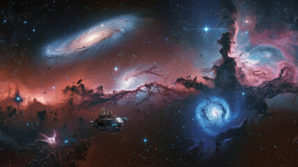 Naklejka premium A panoramic view of the cosmos with a multitude of stars, galaxies, and nebulae. There's a galaxy with spiral arms, a blue supergiant star, and a nebula with pink and blue hues. 