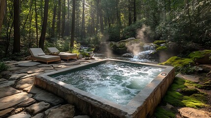 A rustic hot tub hidden in a dense forest, surrounded by towering pine trees and moss-covered rocks, with soft steam rising and a gentle stream nearby, creating a peaceful,