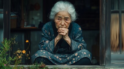 Lonely old Asian granny in home, aged society