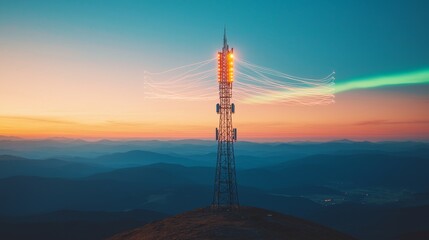 A rocket stands tall on a mountain peak, bathed in the warm glow of a sunrise, with a trail of smoke and light streaming across the sky.