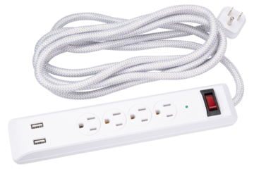 Power strip. Surge protector with 4 Outlets, 2 USB Ports type A class 5V 2.1A. Extension electric cord. White braided cord, with flat plug. Wall Mount, desktop charging station for home, office, dorm.