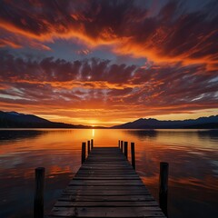 Fototapeta premium A breathtaking sunset scene, dramatic sky with vibrant orange and red hues reflecting on a serene lake
