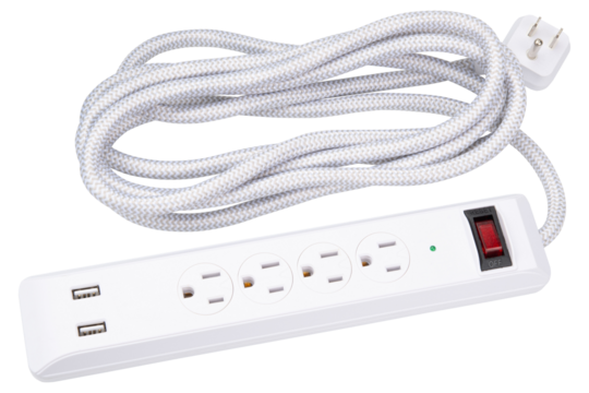 Power strip. Surge protector with 4 Outlets, 2 USB Ports type A class 5V 2.1A. Extension electric cord. White braided cord, with flat plug. Wall Mount, desktop charging station for home, office, dorm.