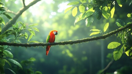 A scarlet macaw perches on a branch in a lush green rainforest. The bird's vibrant colors stand out against the natural backdrop.  Sunlight filters through the foliage.