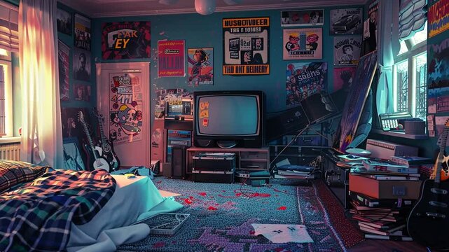 Retro 90s Bedroom With Vintage TV, Posters, and Musical Instruments