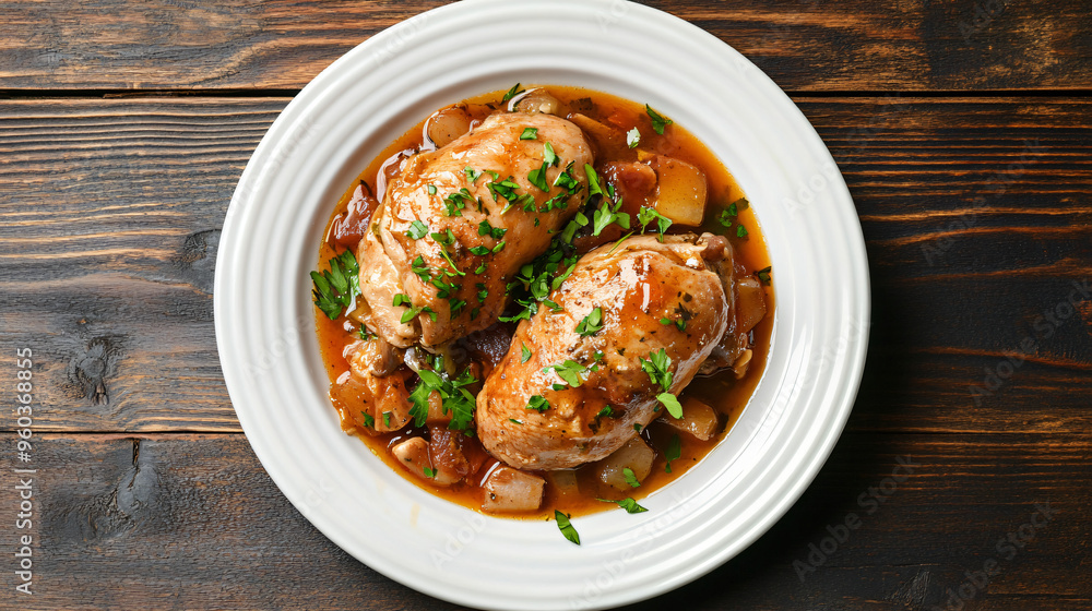 Canvas Prints chicken casserole with potatoes, herbs and gravy being served on a white plate on a dark wooden tabl