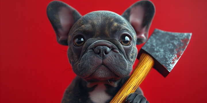 French Bulldog Holding an Axe with Serious Expression Against Bold Red Background