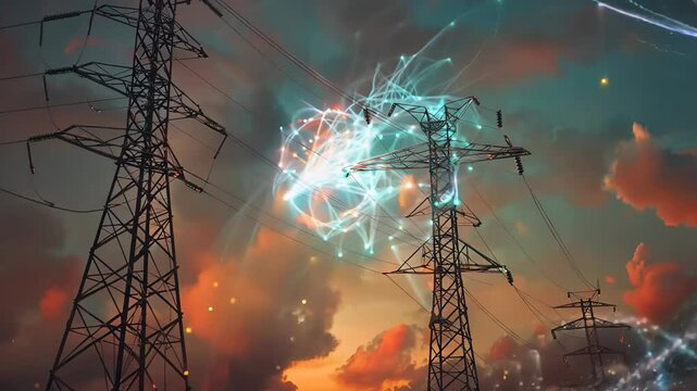 Electricity transmission towers with orange glowing wires the starry night sky. Energy infrastructure concept, energy, electricity, voltage, supply