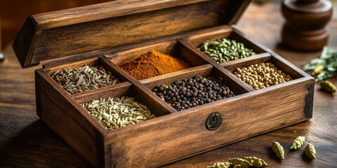 Wooden box filled with various spices.