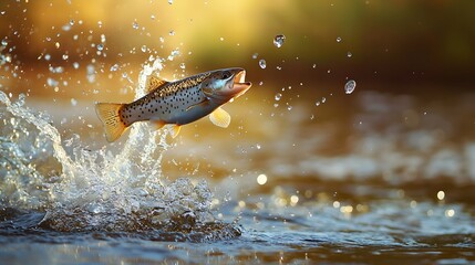 Fototapeta premium Leaping Brook Trout in Rushing River with Splashing Water and Dynamic Movement