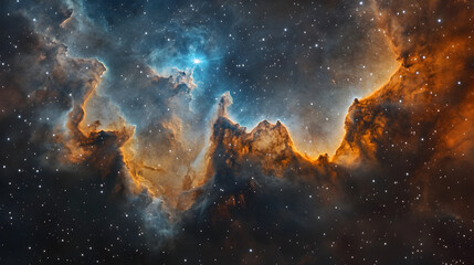 Fototapeta premium A stunning, colorful nebula in deep space with swirling clouds of gas and dust illuminated by distant stars in hues of deep blues and fiery oranges, scattered with bright white stars.