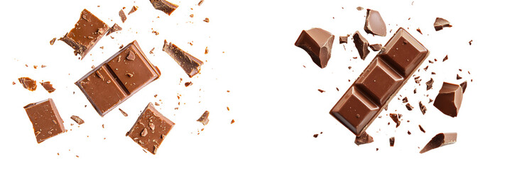 Isolated dark chocolate pieces on a background of a darker background, popular dessert snack, flying crumbs of dark brown color.