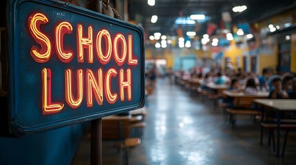 Sign that reads &ldquo;SCHOOL LUNCH&rdquo; - blurred background - school cafeteria - elementary school - middle school - food - nutrition - children - menu - nutritious - education 