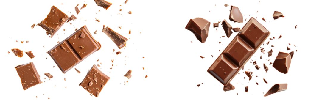 Isolated dark chocolate pieces on a background of a darker background, popular dessert snack, flying crumbs of dark brown color.