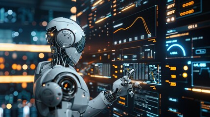 Futuristic Robot Interacting with Digital Interface