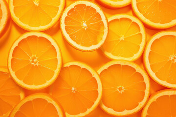 Pattern of slices of orange fruit on vibrant orange background.