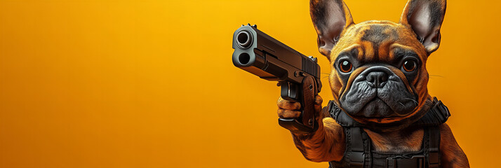 French Bulldog in Tactical Armor Holding Gun with Fierce Expression Against Bold Yellow Background