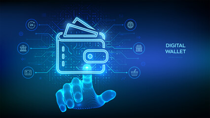 Digital wallet. E-wallet. Online payment by digital wallet. Mobile banking, money transaction, e-commerce. Circuit board background. Wireframe hand touching digital interface. Vector illustration.