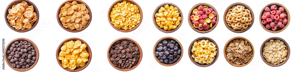 Poster an image of tasty cereal in a wooden bowl isolated on a background, with flakes for breakfast in a f