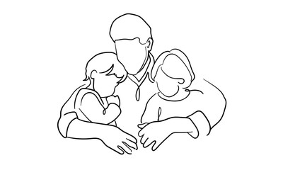 Father and two chield continuous line art drawing isolated on white background. Fathers day. Vector illustration	