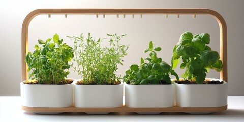 Four potted herbs in a wooden frame.