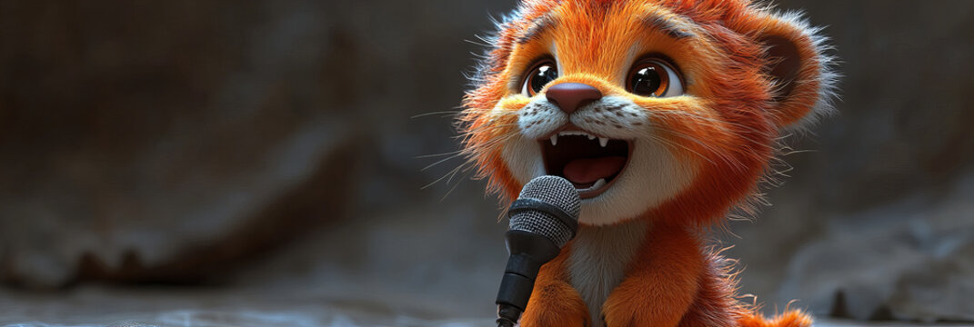 Adorable cartoon lion cub holding microphone on dark stage exudes a playful and whimsical atmosphere in a captivating and comical design