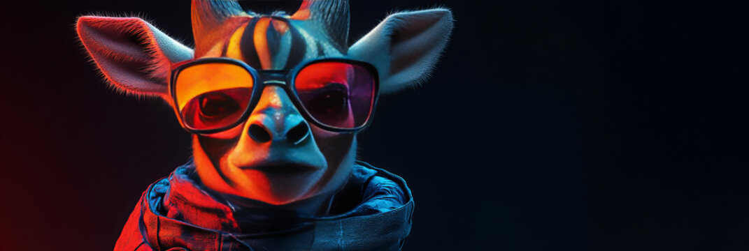 Stylish giraffe wearing oversized sunglasses and eclectic outfit, set against vibrant neon background, radiating cool and modern vibes