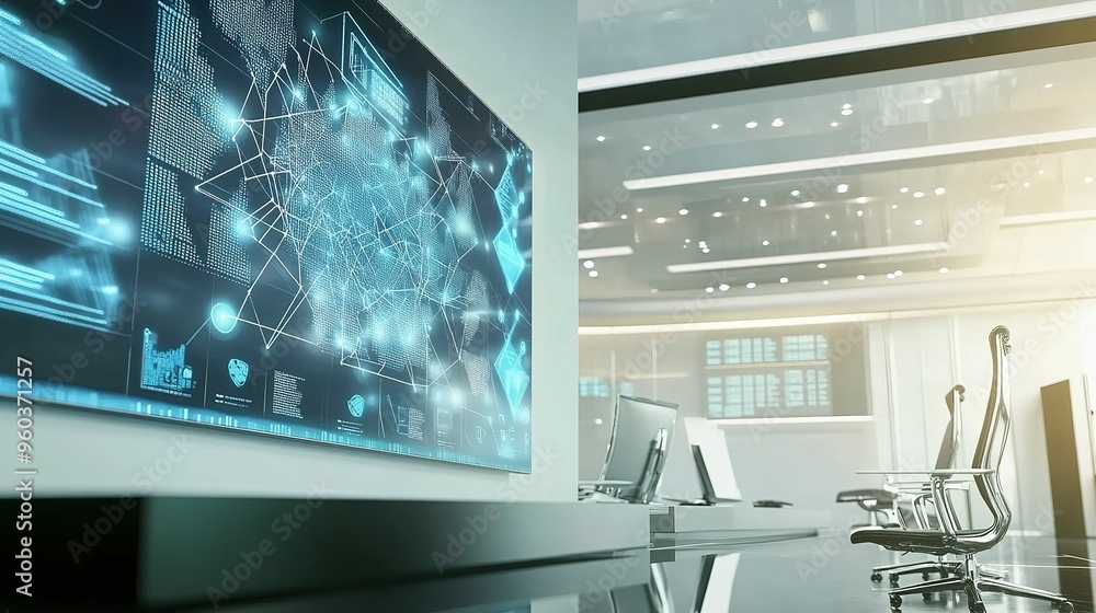 Poster modern office with digital display showcasing data analytics and technology trends during daylight h