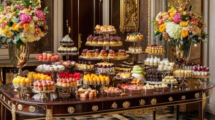 An elegant dessert display featuring a variety of pastries and sweets beautifully arranged for a celebration event