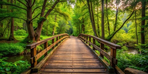 Obraz premium Old wooden bridge surrounded by lush green trees in a forest setting, forest, bridge, old, wooden, landscape, green, trees