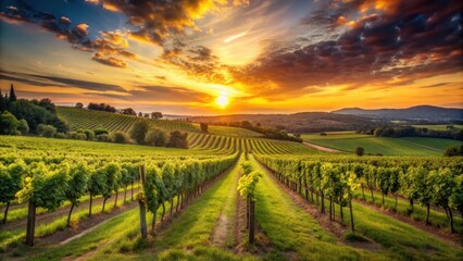 Naklejka premium Sunset casting a warm glow over lush vineyards in the countryside, sun, sunset, vineyards, agriculture, rural, landscape, winery
