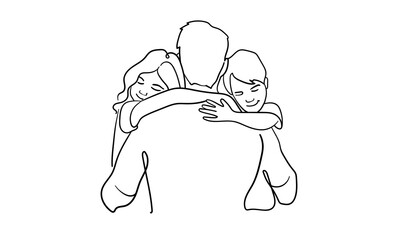 Father and two son continuous line art drawing isolated on white background. Fathers day. Vector illustration	
