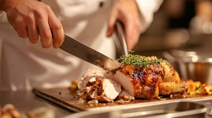Skilled Chef Carefully Plating Savory Dish with Garnishes in Commercial Kitchen
