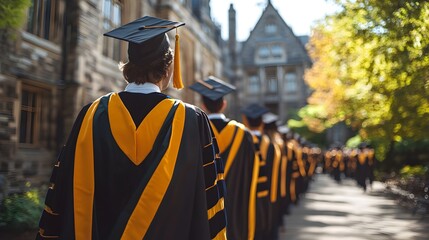 Graduates Lined Up in Academic Robes Preparing for Commencement Ceremony