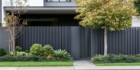 A modern grey metal fence with green plants.
