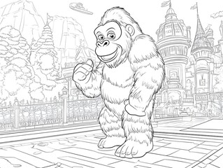 Friendly King Kong in a Futuristic Them Park - Coloring Adventure for Kids.