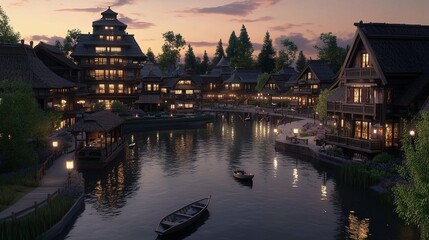 Obraz premium Twilight settles over a serene riverside village with traditional architecture and calm waters reflecting the sunset glow