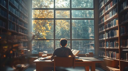 Student Reading Book in Quiet Library with Sunlight Streaming Through Window