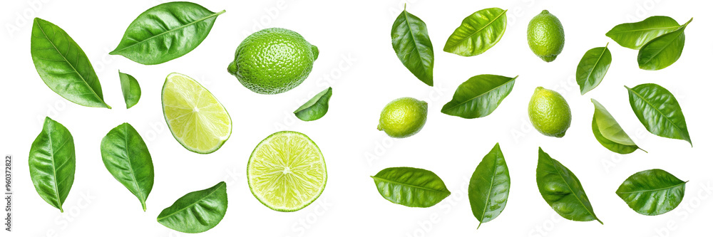 Poster a citrus lime flying in the air with a slice of lime cut from its fruit and green leaves.