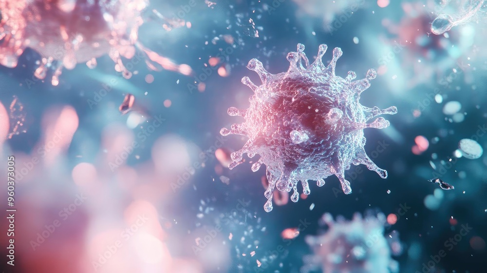 Poster close-up view of a virus in vibrant colors, depicting its structure and details against a blurred ba