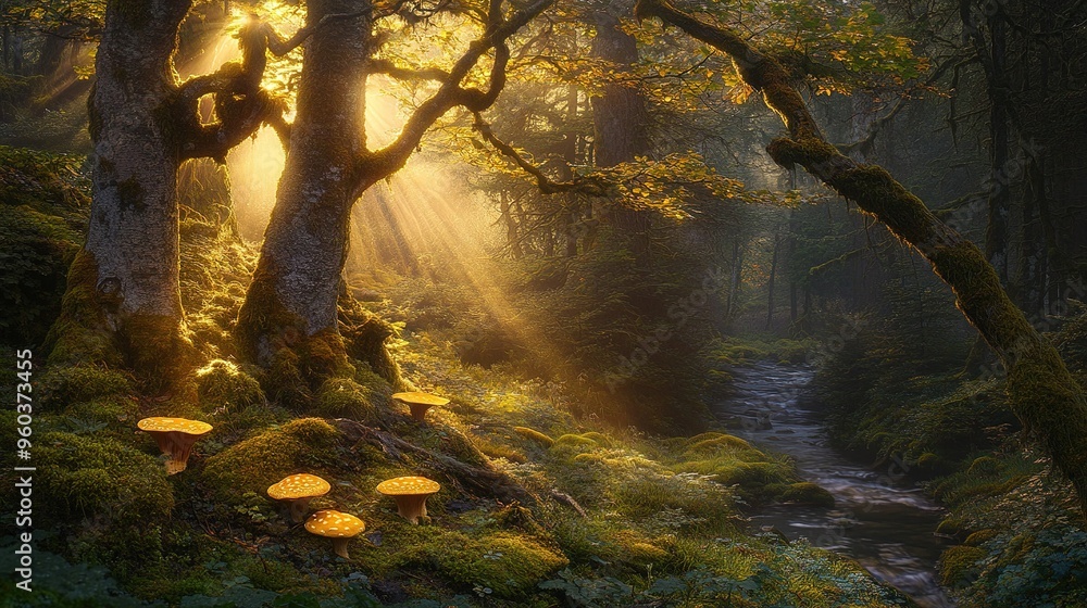 Aufkleber enchanted forest with sunlight filtering through trees illuminating mushrooms by a tranquil stream