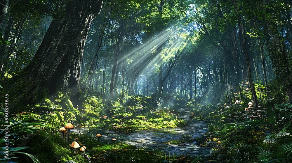 Poster sunlight filters through a dense forest canopy, illuminating a tranquil path lined with mushrooms an